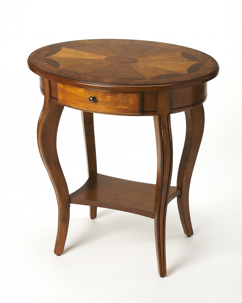 Brown Wood Oval Coffee Table with Drawer and Shelf - 25-inch
