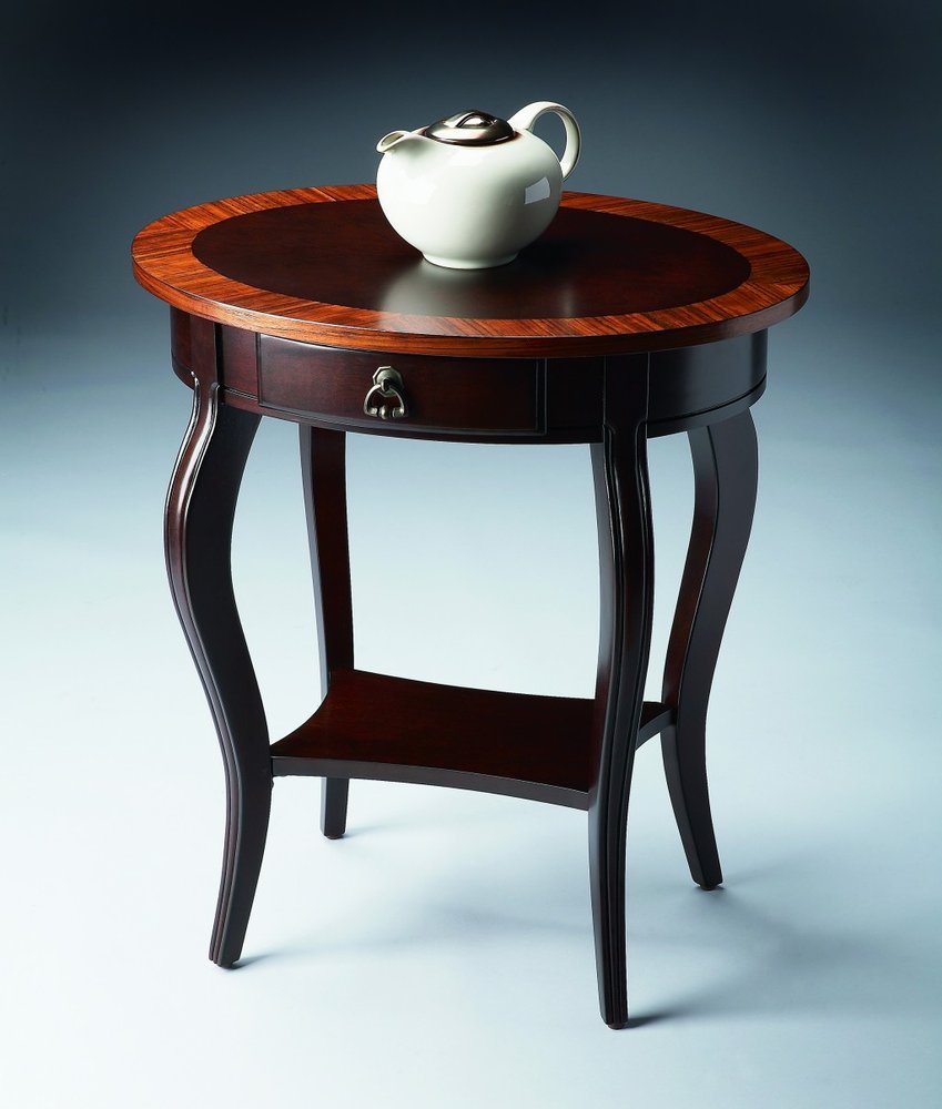 Brown Wood Oval Coffee Table with Drawer and Shelf - 25-inch