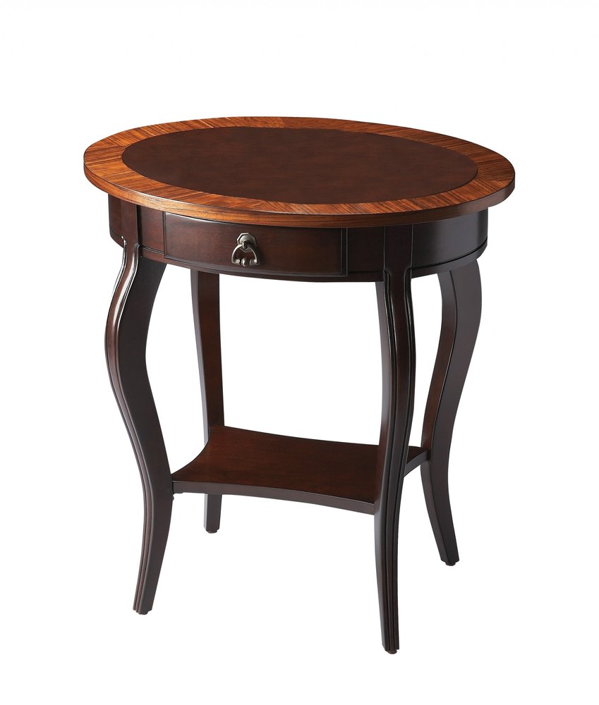Brown Wood Oval Coffee Table with Drawer and Shelf - 25-inch