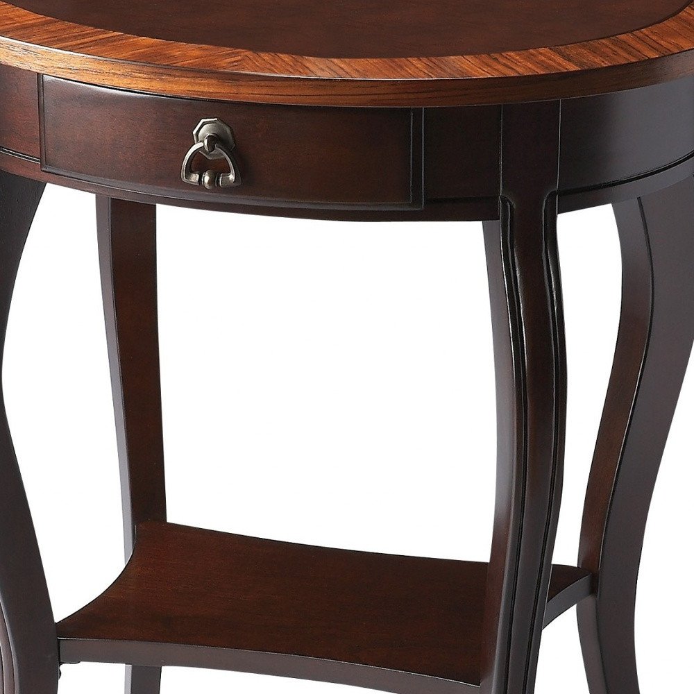Brown Wood Oval Coffee Table with Drawer and Shelf - 25-inch