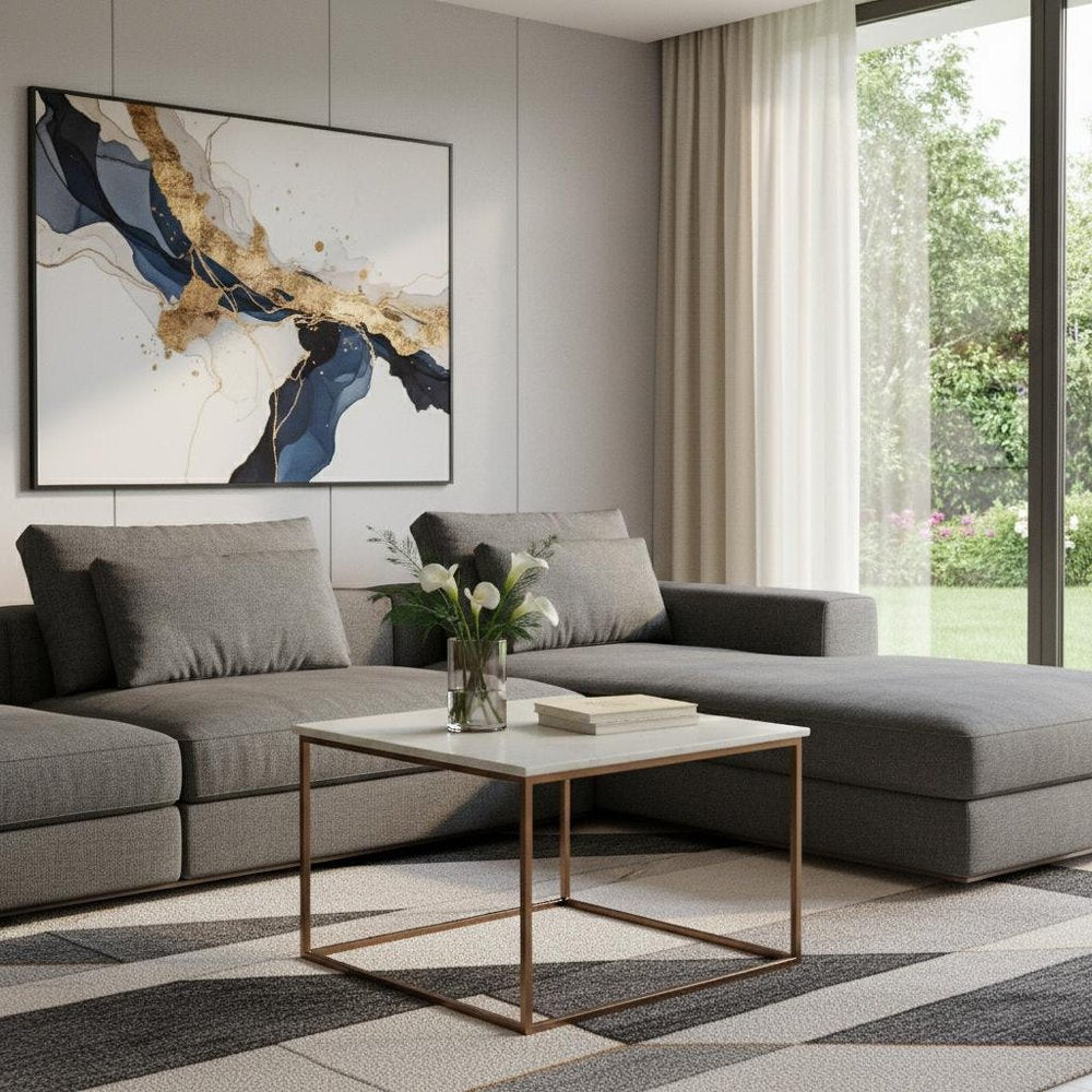 White and Copper Genuine Marble and Metal Square Coffee Table