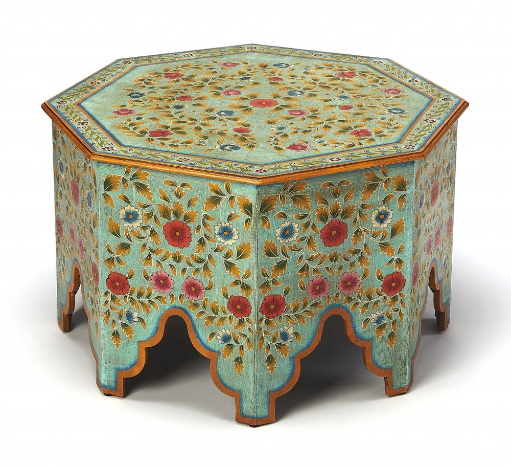 Green Wood Hexagon Abstract Floral Coffee Table - 29-inch