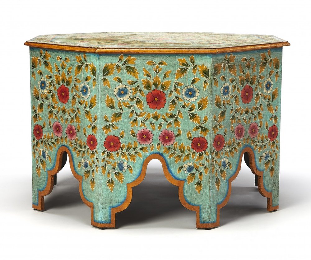 Green Wood Hexagon Abstract Floral Coffee Table - 29-inch