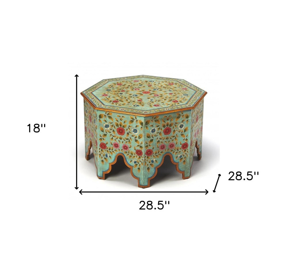 Green Wood Hexagon Abstract Floral Coffee Table - 29-inch