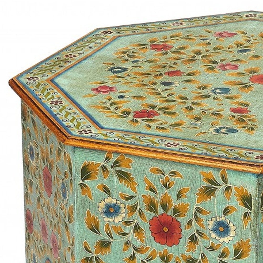 Green Wood Hexagon Abstract Floral Coffee Table - 29-inch
