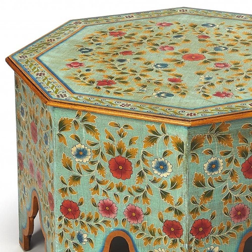 Green Wood Hexagon Abstract Floral Coffee Table - 29-inch