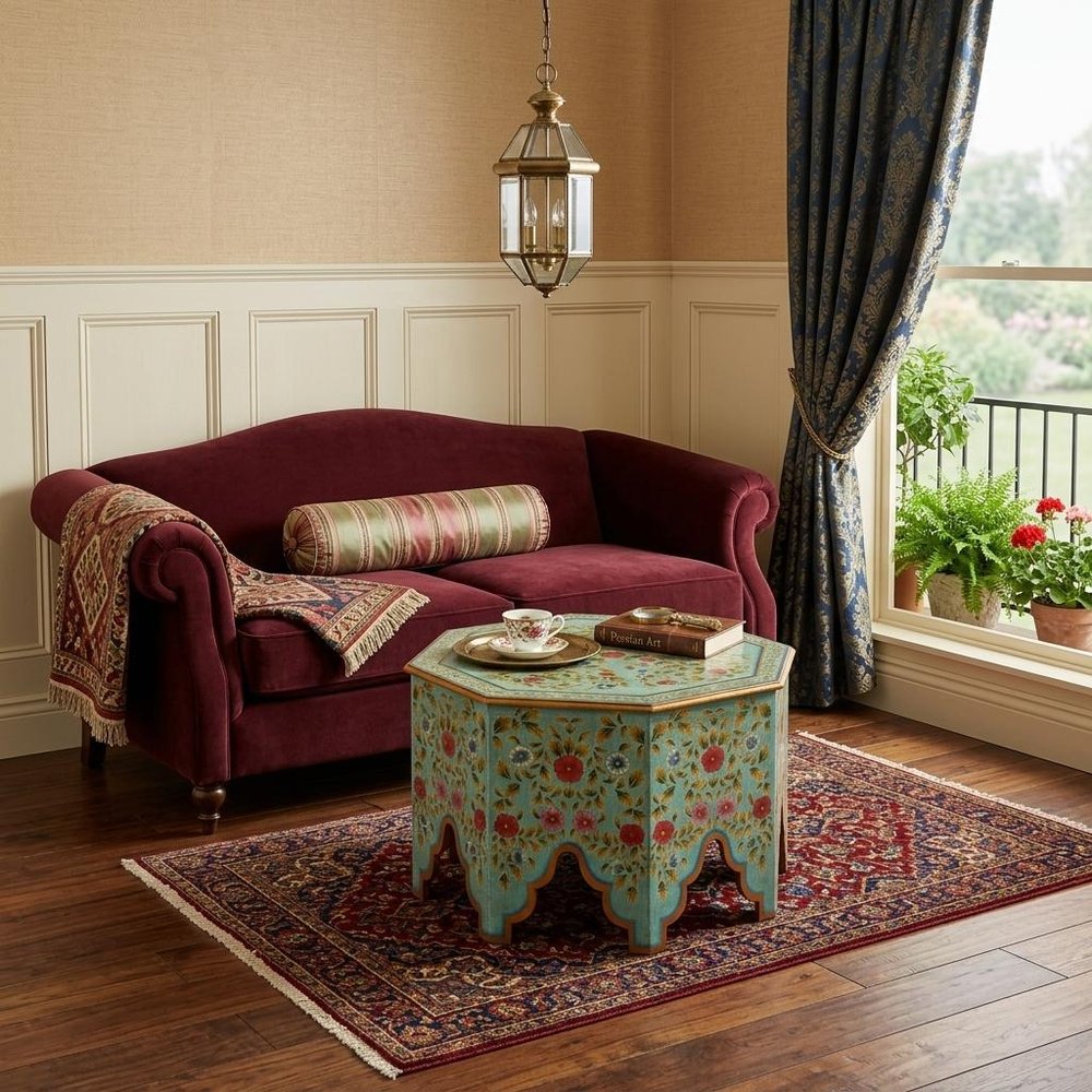 Green Wood Hexagon Abstract Floral Coffee Table - 29-inch