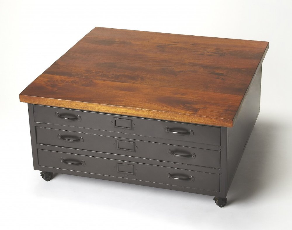 Brown and Gray Solid Wood and Metal Square Coffee Table with Three Drawers