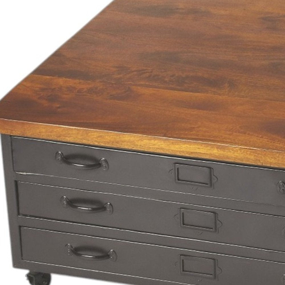 Brown and Gray Solid Wood and Metal Square Coffee Table with Three Drawers
