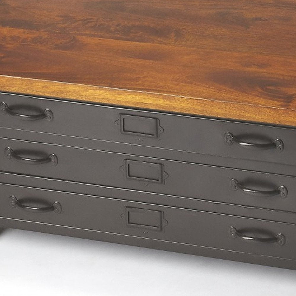 Brown and Gray Solid Wood and Metal Square Coffee Table with Three Drawers