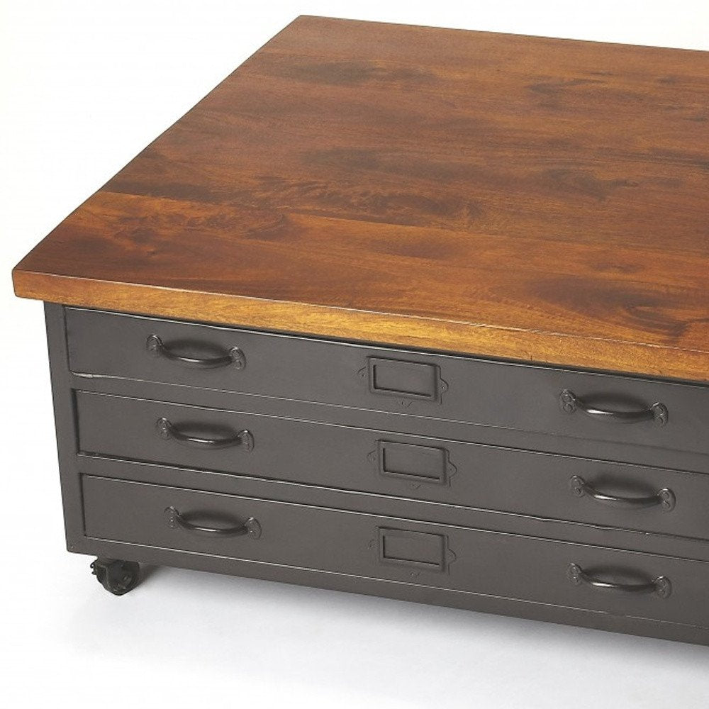 Brown and Gray Solid Wood and Metal Square Coffee Table with Three Drawers