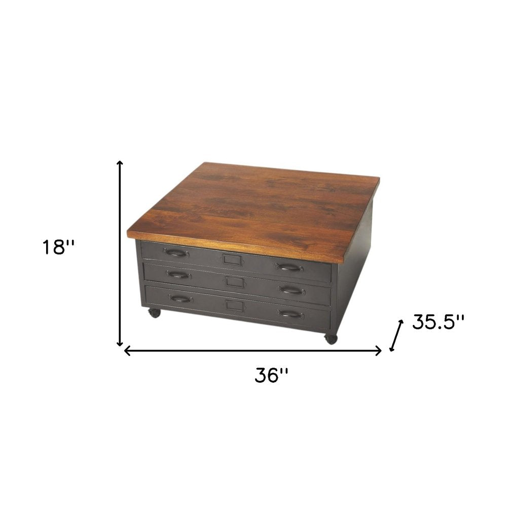 Brown and Gray Solid Wood and Metal Square Coffee Table with Three Drawers