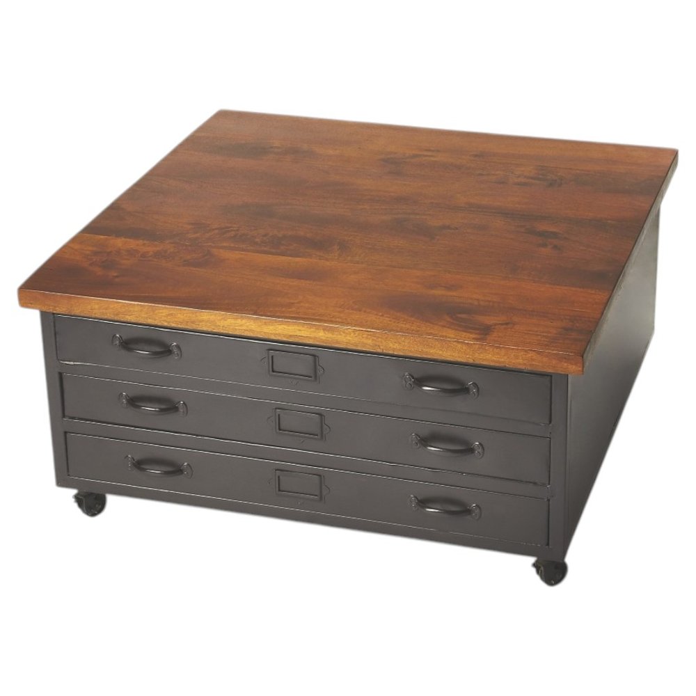 Brown and Gray Solid Wood and Metal Square Coffee Table with Three Drawers
