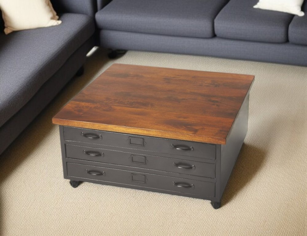 Brown and Gray Solid Wood and Metal Square Coffee Table with Three Drawers