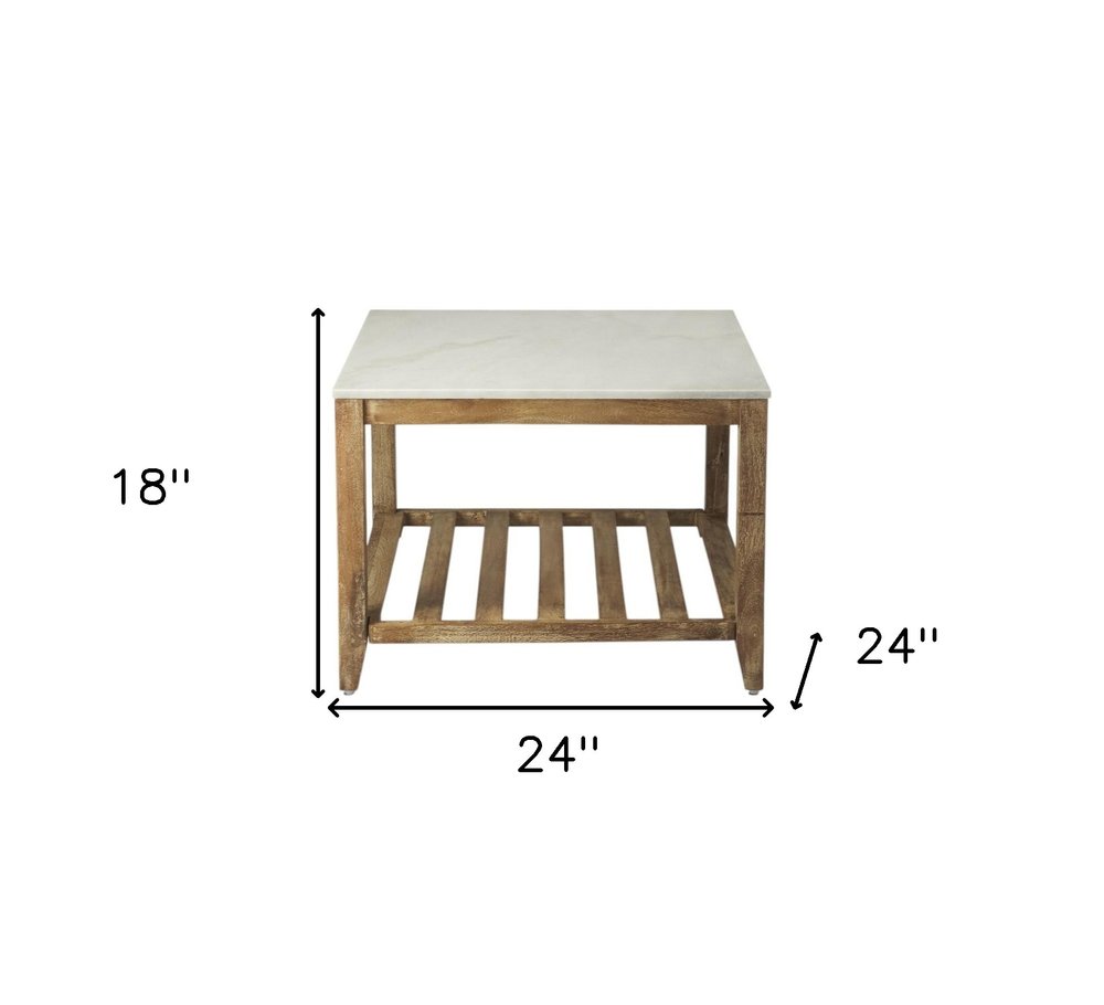 Off White and Brown Genuine Marble and Wood Square Coffee Table with Shelf