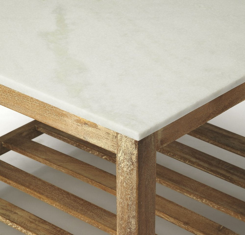 Off White and Brown Genuine Marble and Wood Square Coffee Table with Shelf