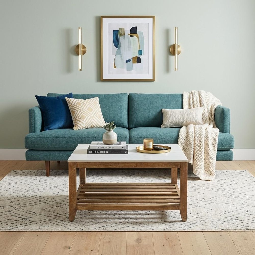 Off White and Brown Genuine Marble and Wood Square Coffee Table with Shelf