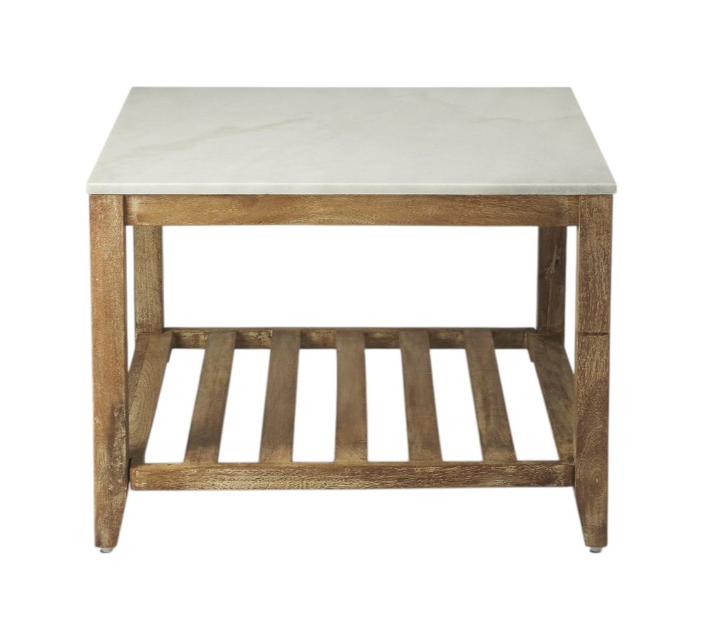 Off White and Brown Genuine Marble and Wood Square Coffee Table with Shelf