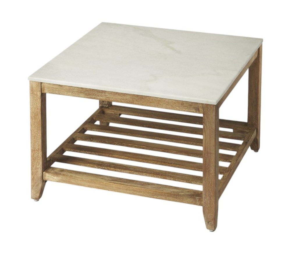 Off White and Brown Genuine Marble and Wood Square Coffee Table with Shelf