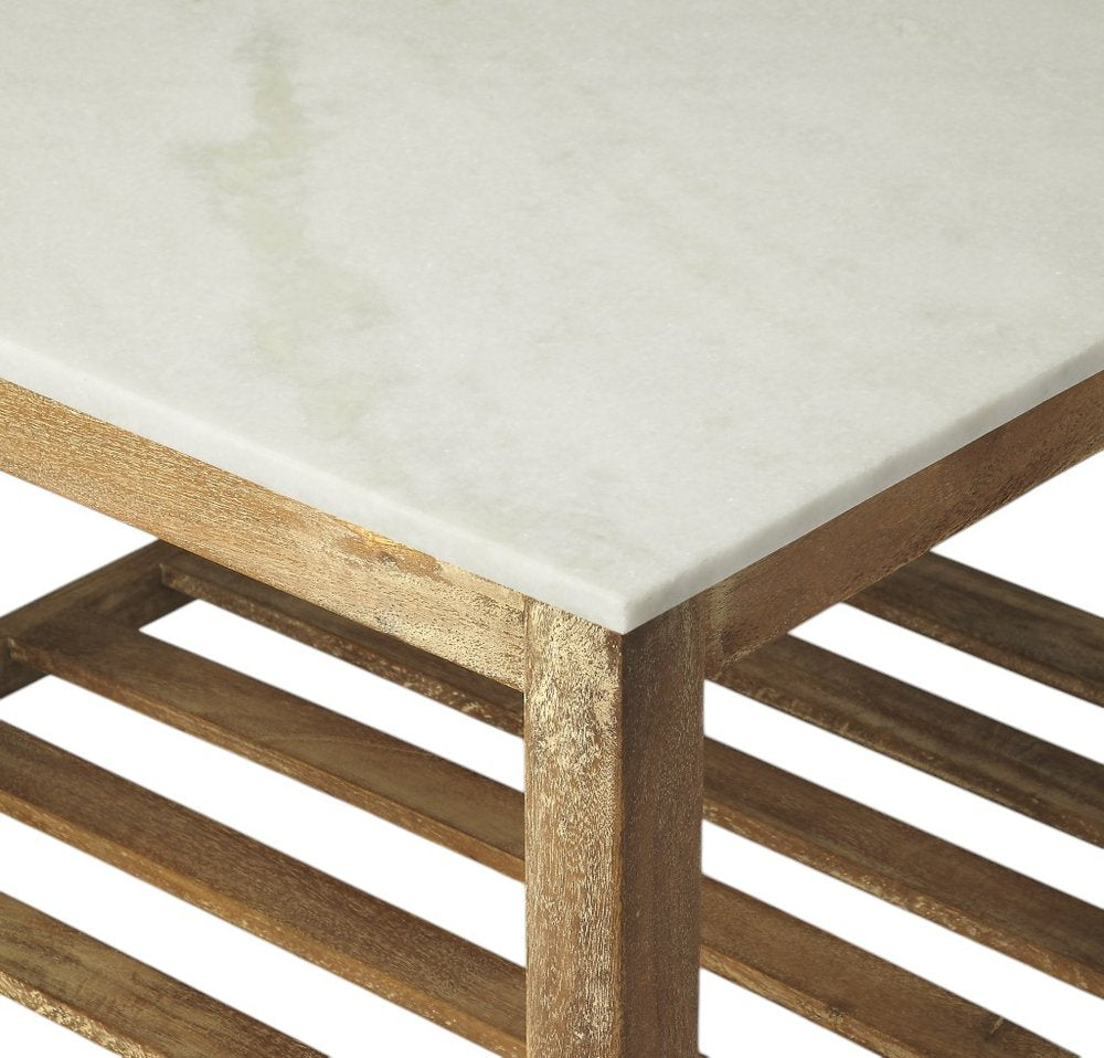 Off White and Brown Genuine Marble and Wood Square Coffee Table with Shelf