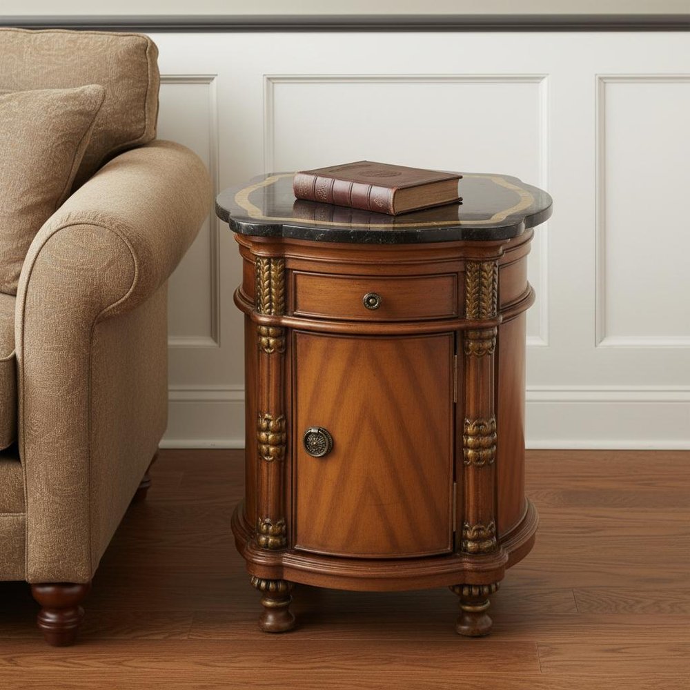 Black and Brown Stone and Wood Free Form Coffee Table with Drawer