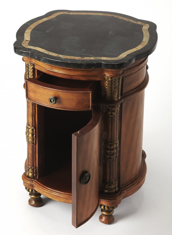 Black and Brown Stone and Wood Free Form Coffee Table with Drawer