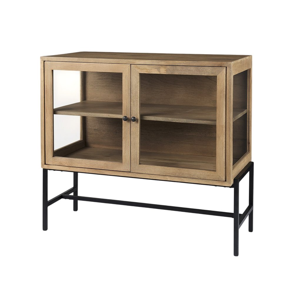 Natural Solid Wood Sideboard with Two Glass Doors - 36-inch