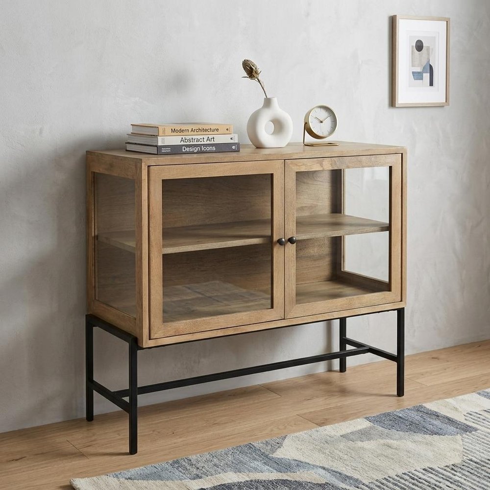 Natural Solid Wood Sideboard with Two Glass Doors - 36-inch