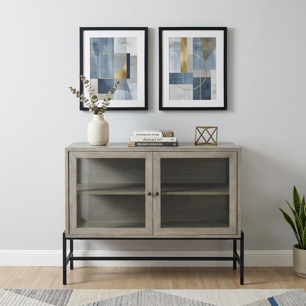 Gray Solid Wood Sideboard with Two Glass Doors - 38-inch