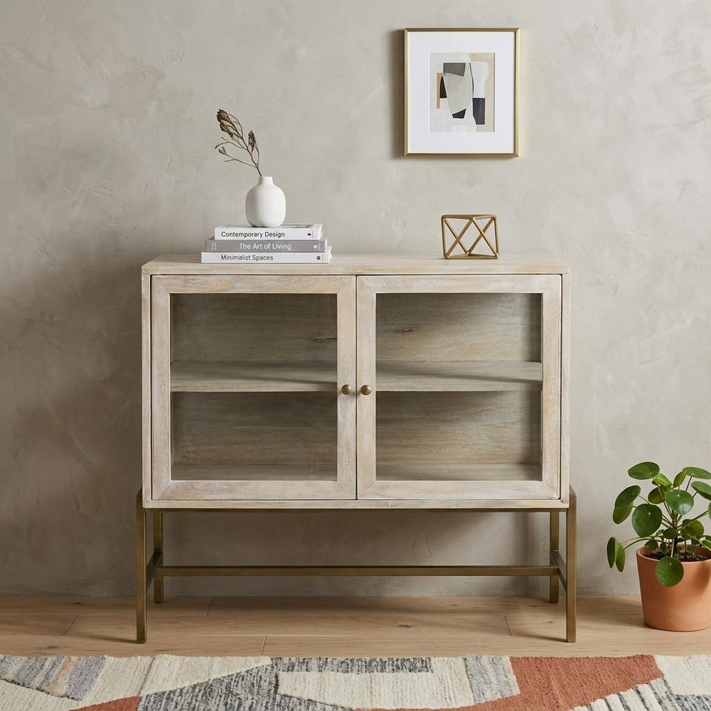 Gray Solid Wood Sideboard with Two Glass Doors - 38-inch