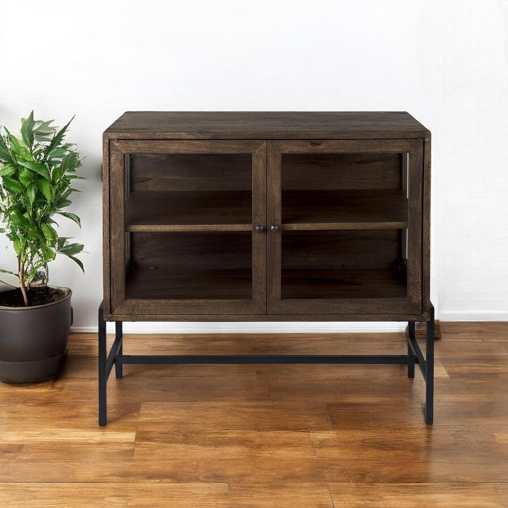 Gray Solid Wood Sideboard with Two Glass Doors - 38-inch