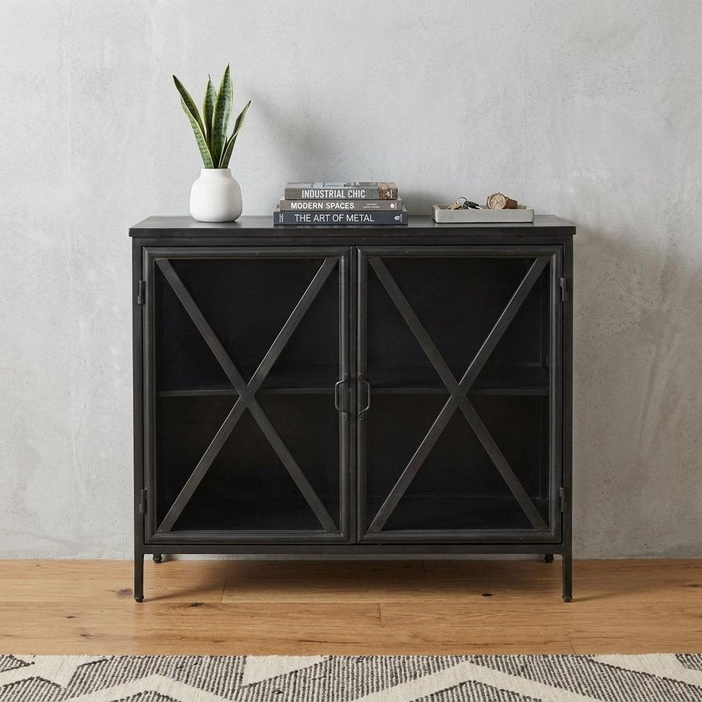 Black Iron Sideboard with Two Glass Doors - 40-inch