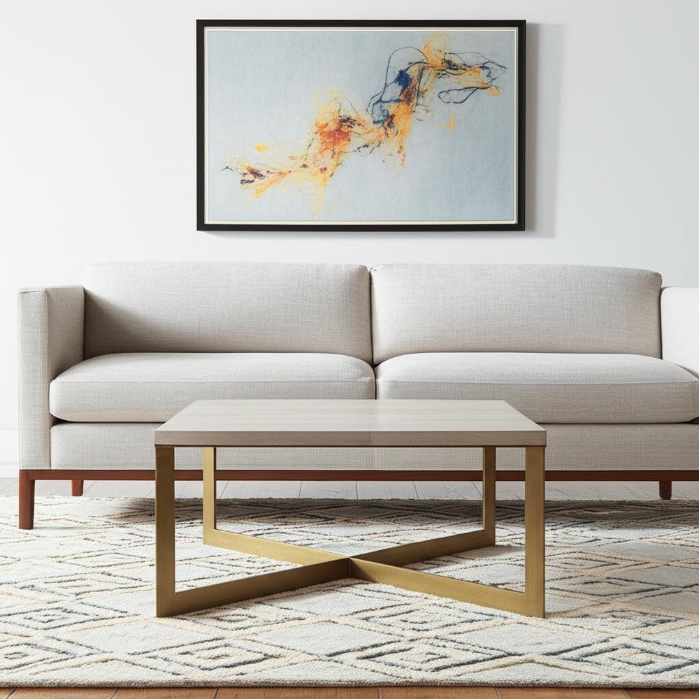 Beige Wood and Metal Square Coffee Table - 34-inch