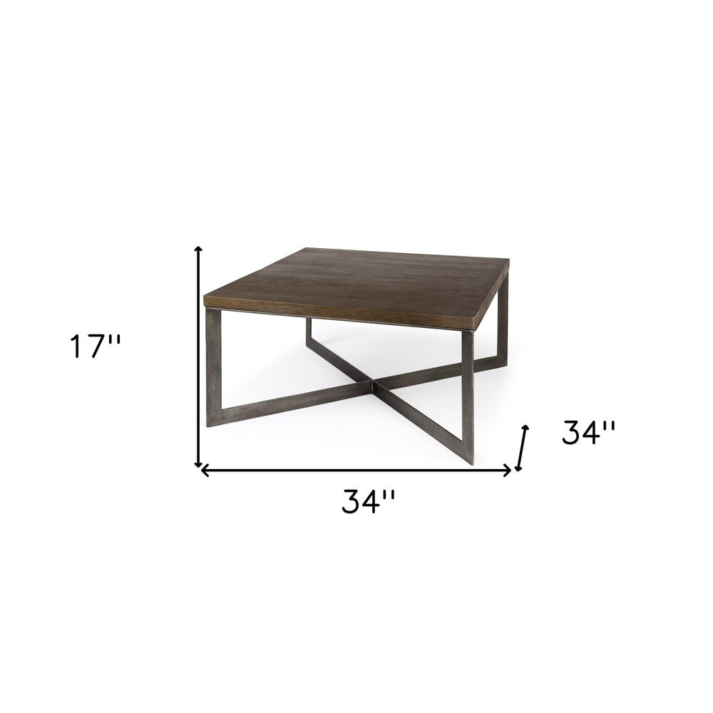 Brown Solid Wood and Metal Square Coffee Table - 34-inch