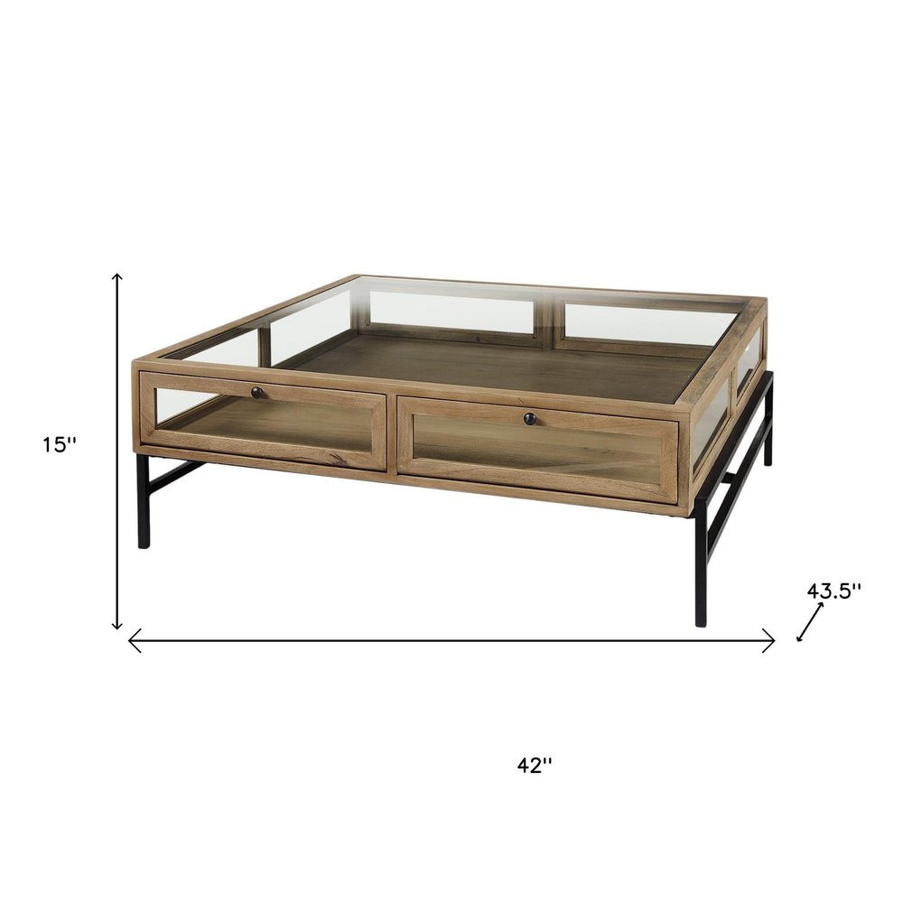 Clear and Black Glass and Metal Square Coffee Table with Two Drawers and Shelf