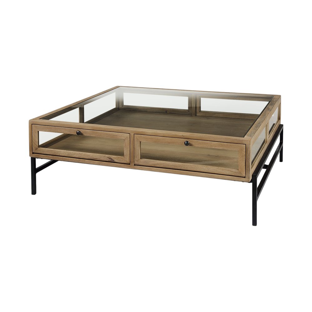 Clear and Black Glass and Metal Square Coffee Table with Two Drawers and Shelf