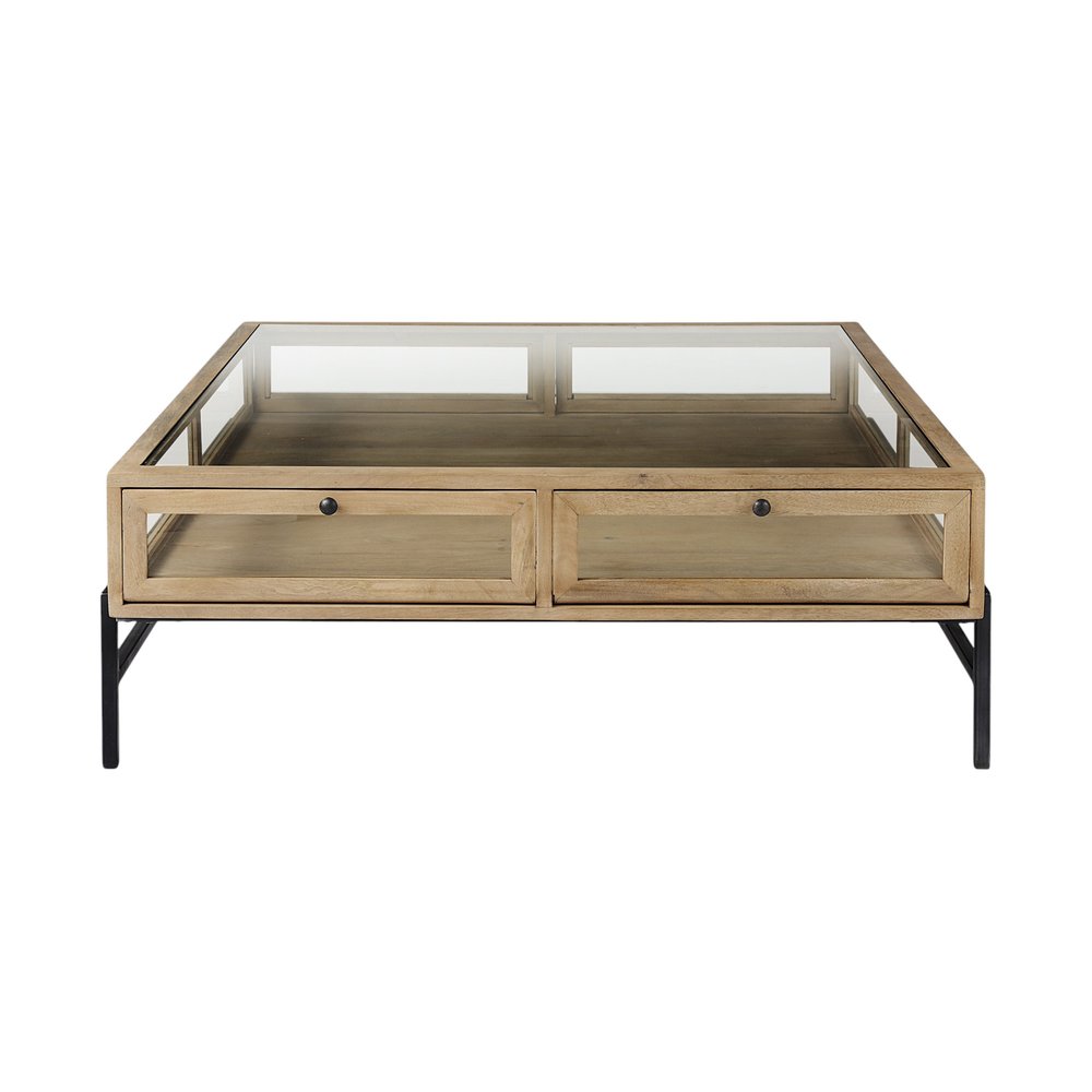 Clear and Black Glass and Metal Square Coffee Table with Two Drawers and Shelf