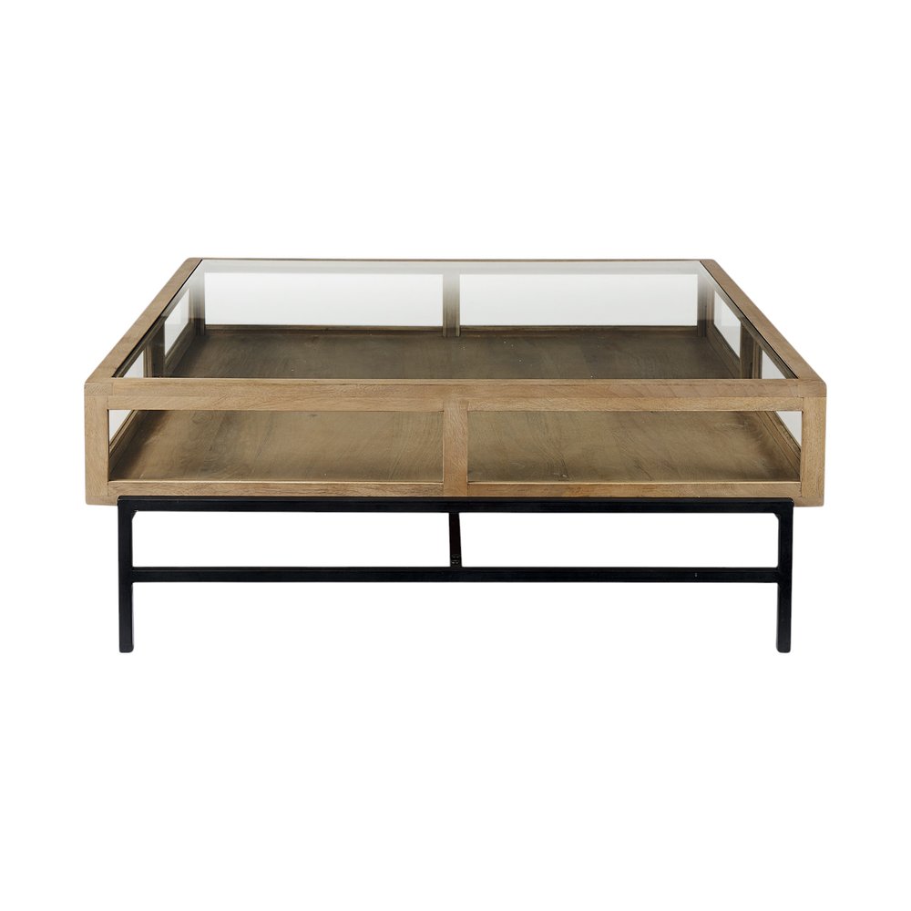 Clear and Black Glass and Metal Square Coffee Table with Two Drawers and Shelf