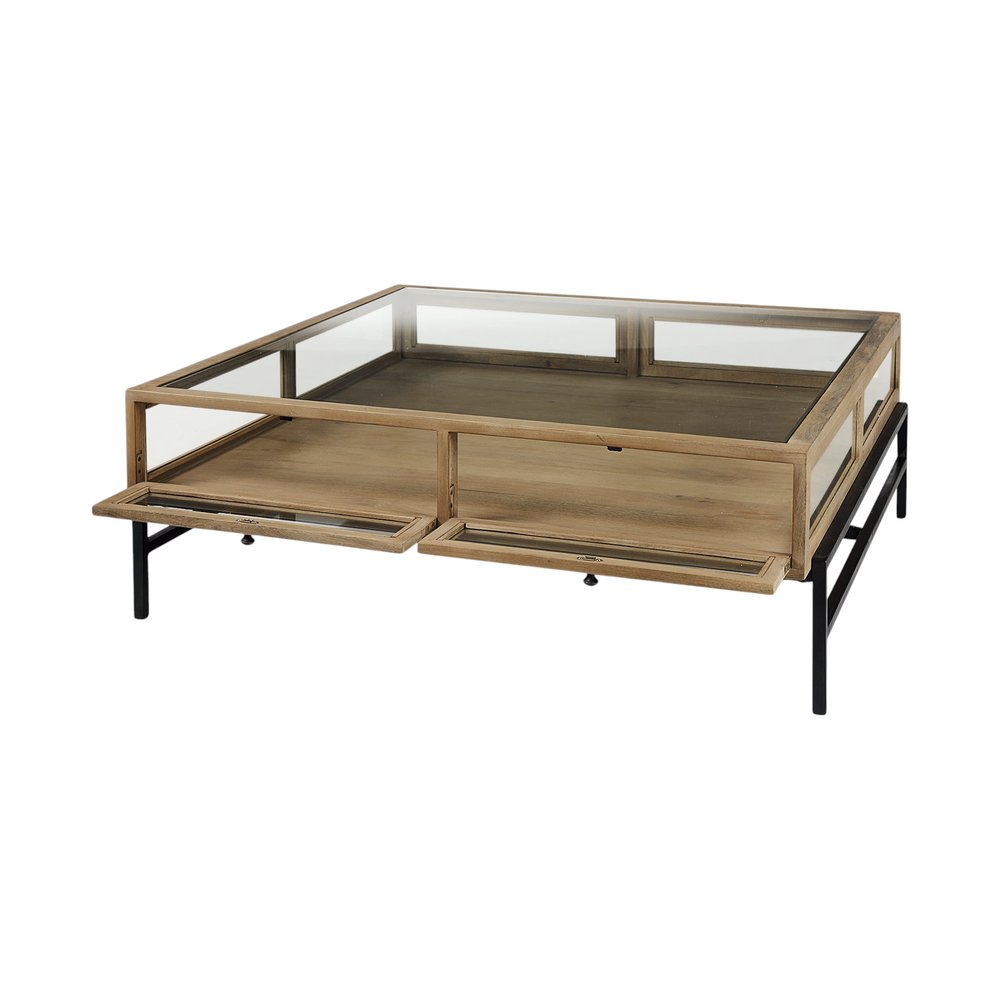Clear and Black Glass and Metal Square Coffee Table with Two Drawers and Shelf