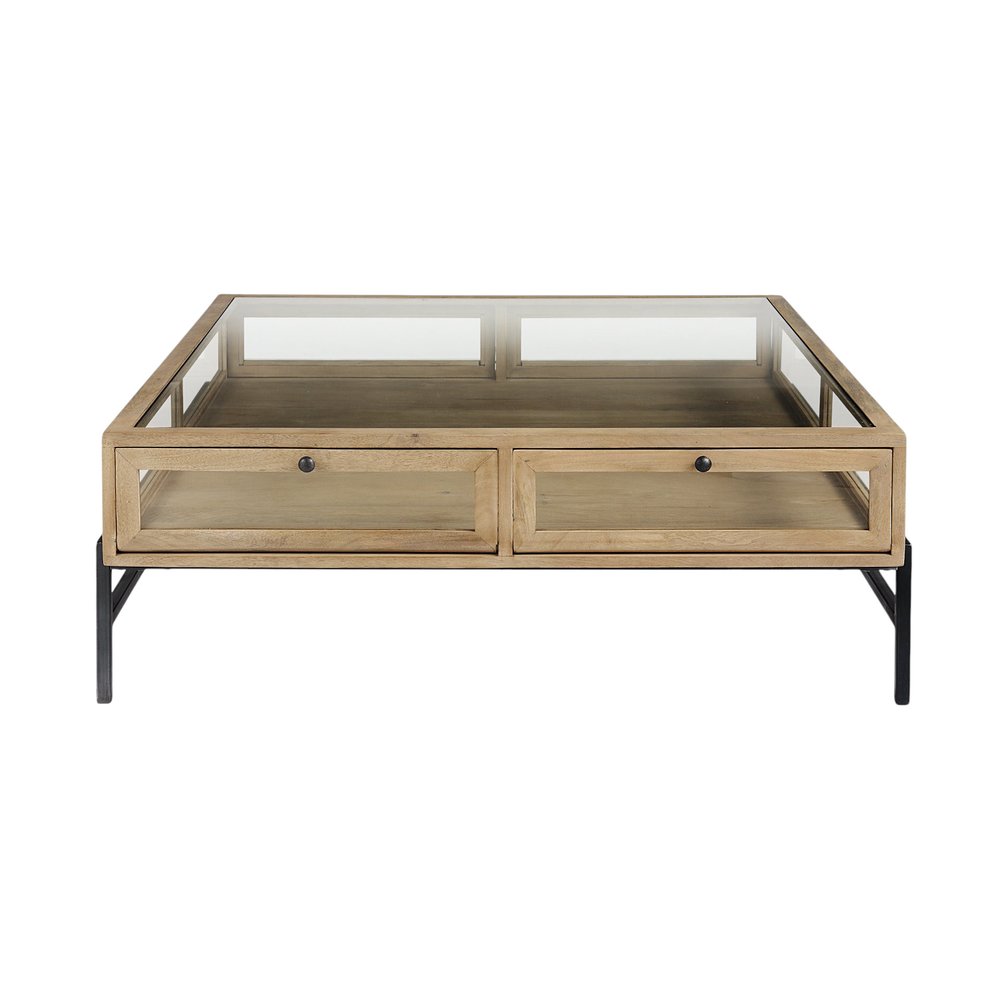 Clear and Black Glass and Metal Square Coffee Table with Two Drawers and Shelf