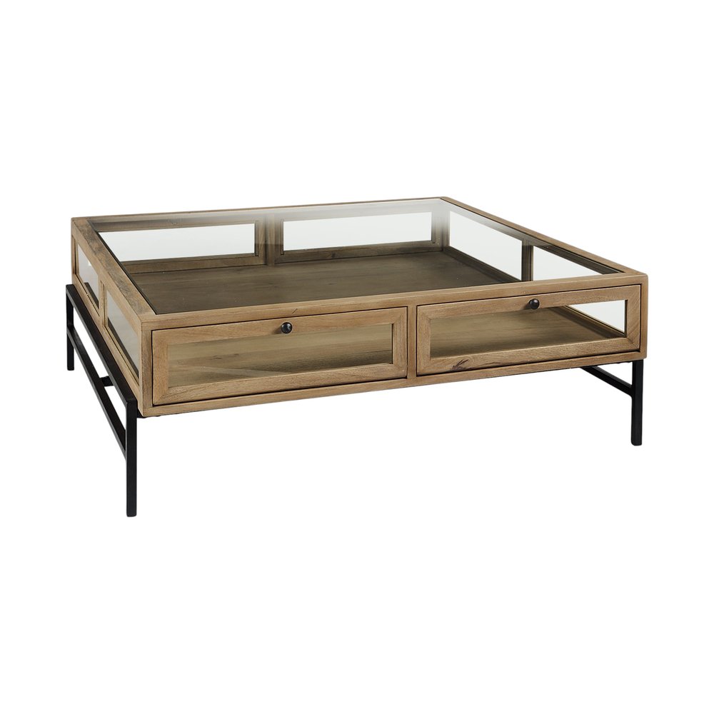 Clear and Black Glass and Metal Square Coffee Table with Two Drawers and Shelf