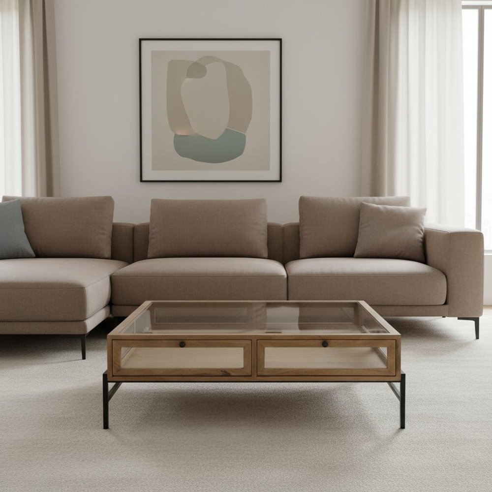Clear and Black Glass and Metal Square Coffee Table with Two Drawers and Shelf
