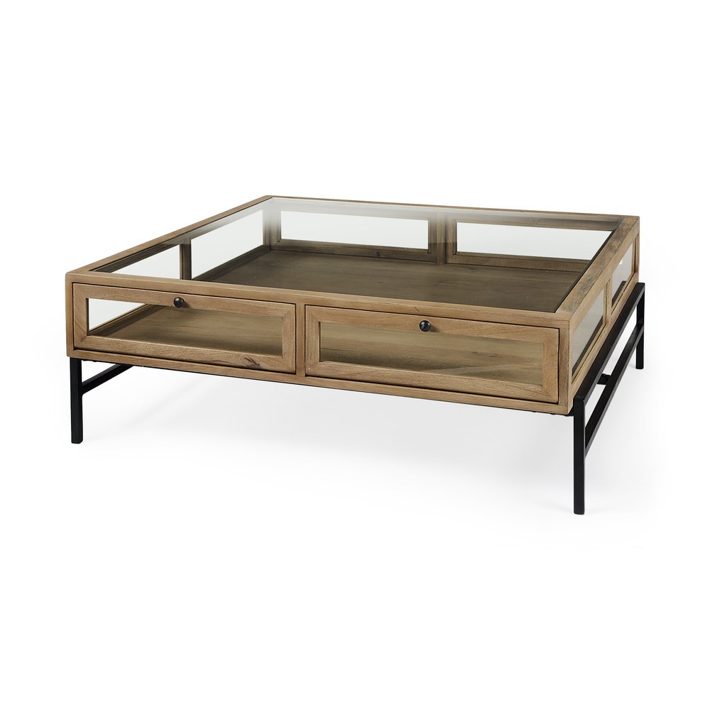 Clear and Black Glass and Metal Square Coffee Table with Two Drawers and Shelf