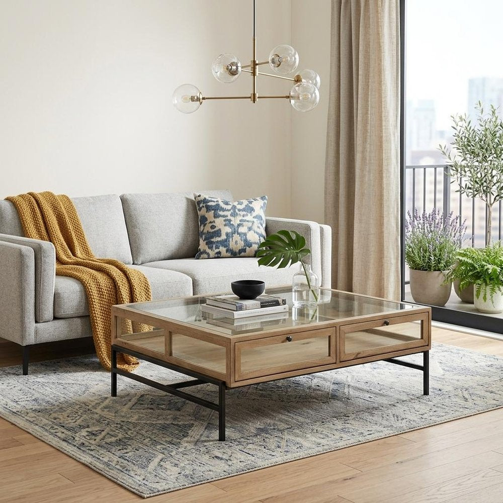 Clear and Black Glass and Metal Square Coffee Table with Two Drawers and Shelf