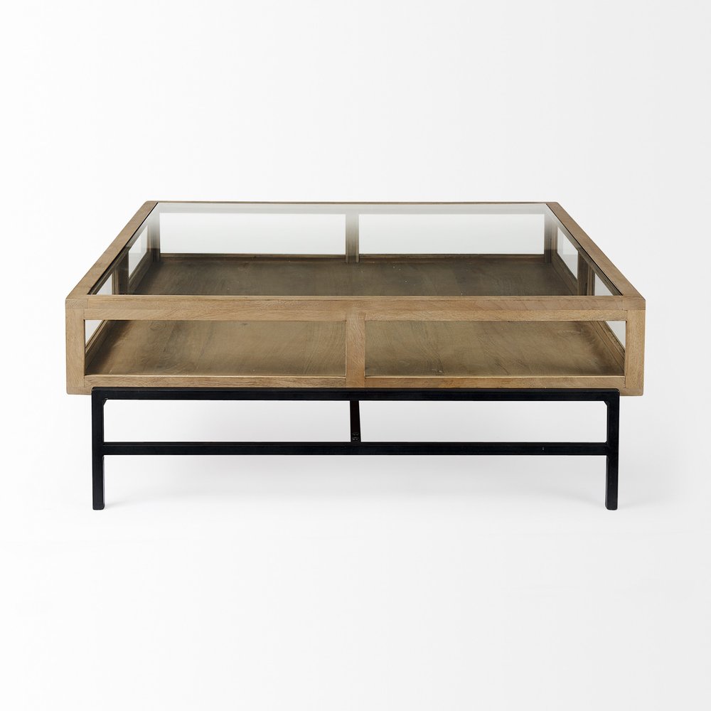 Clear and Black Glass and Metal Square Coffee Table with Two Drawers and Shelf