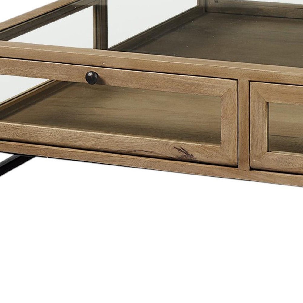 Clear and Black Glass and Metal Square Coffee Table with Two Drawers and Shelf