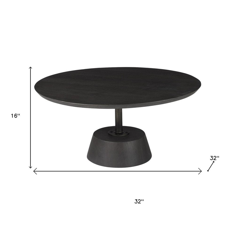 Dark Brown and Black Solid Wood and Iron Round Pedestal Coffee Table