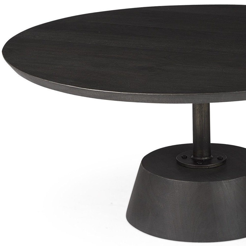 Dark Brown and Black Solid Wood and Iron Round Pedestal Coffee Table