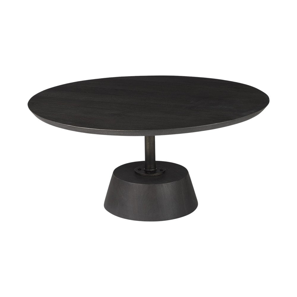 Dark Brown and Black Solid Wood and Iron Round Pedestal Coffee Table