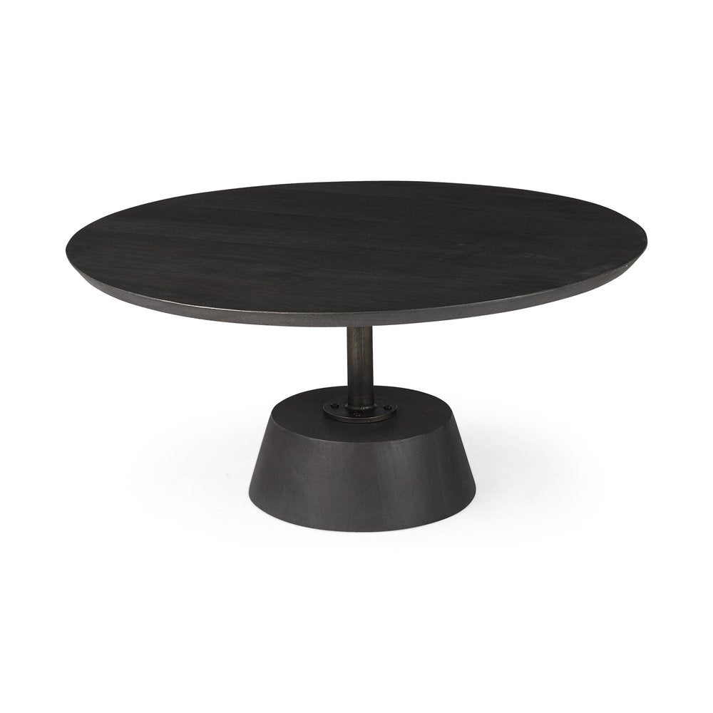 Dark Brown and Black Solid Wood and Iron Round Pedestal Coffee Table